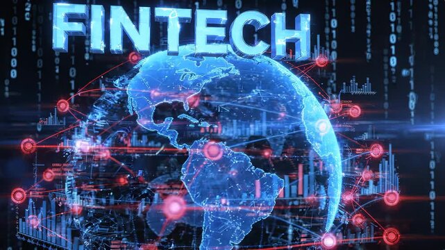 Glowing 3D fintech text above digital blue earth globe with falling binary code background, concept for financial technology, global digital banking and secure online investment