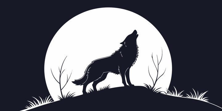 Minimalist graphic silhouette of a wolf howling against a glowing full moon with silhouette wilderness predator landscape nocturnal background illustration wildlife nighttime atmospheric