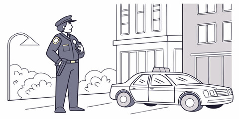 Police officer holding radio near patrol car and city building with policeman security enforcement building sidewalk official authority protection policing guardian profession transport © Mithila