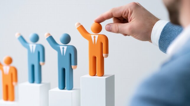 Human hand picking a 3d orange figure among blue figures on white blocks.