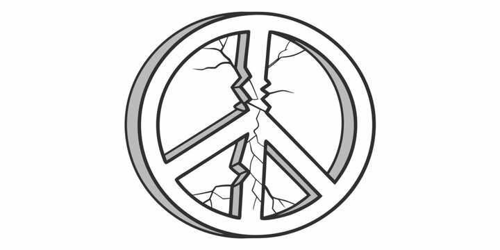 3D cracked peace symbol illustration on white background with three dimensional fractured conflict illustration conceptual background abstract politics negativity brokenness minimalist