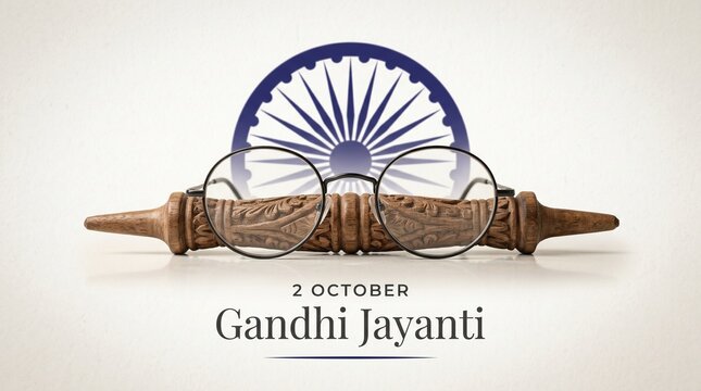 Minimalist Gandhi Jayanti Greeting with Spectacles and Ashoka Chakra