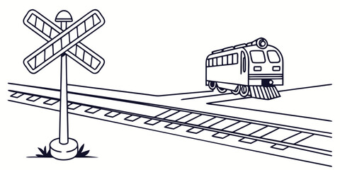 Train approaching railroad crossing with warning signal rail car rail travel railroad crossing locomotive transportation illustration crossbuck approach junction transport infrastructure © Mithila