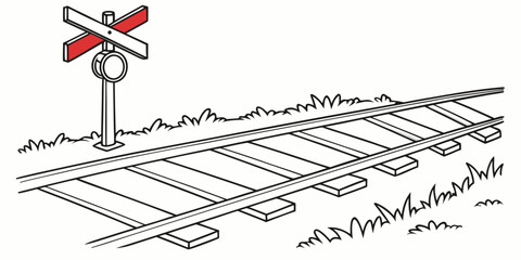 Railroad crossing sign with railway tracks outline illustration railroad crossing transportation illustration signpost junction infrastructure crossbuck transport background minimalist © Mithila