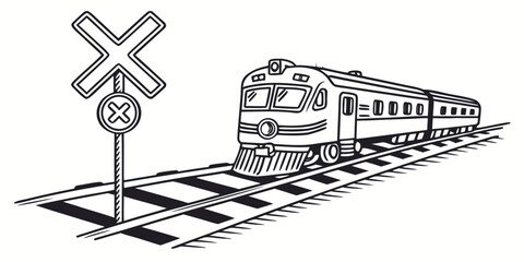 Passenger train on railroad tracks with warning sign rail car railroad crossing locomotive transportation passenger illustration crossbuck junction transport infrastructure background © Mithila