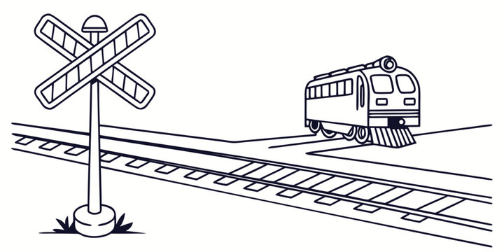 Train approaching railroad crossing with warning signal rail car rail travel railroad crossing locomotive transportation illustration crossbuck approach junction transport infrastructure