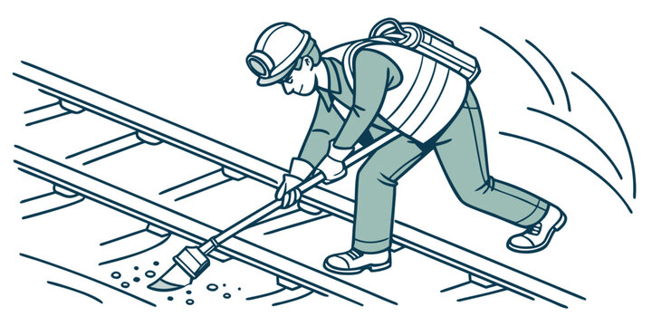 Railway worker cleaning tracks with tools hard hat maintenance crew rail track day shift hard work cleaning maintenance railroad construction professional infrastructure transportation
