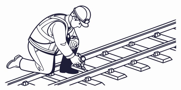 Railway worker in high-visibility vest and safety helmet kneeling to measure tracks with maintenance inspection engineer measurement construction professional infrastructure technician