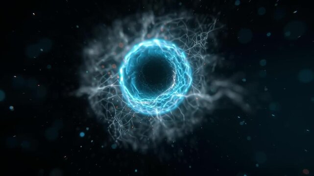 Glowing ring pulses with electric energy. Lightning filaments crackle outward from the core. Deep space frames the radiant, swirling vortex. Perfect for sci-fi or cosmic themes