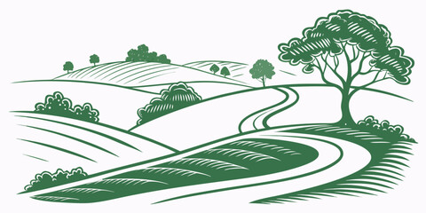 Hand drawn style rolling hills landscape with winding road and trees landscape countryside illustration outdoors environment peaceful background backdrop farmland © Mithila