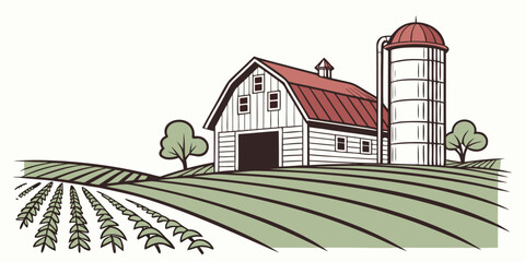 Minimalist graphic scenery of traditional farmhouse with silo and agricultural field landscape agriculture landscape countryside illustration agricultural farmhouse building cultivated © Mithila