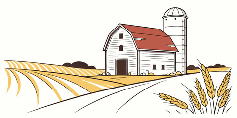 Illustration of a traditional wooden barn and silo on a golden wheat farm landscape with agriculture countryside building farmhouse illustration landscape farmland farmstead agribusiness © Mithila