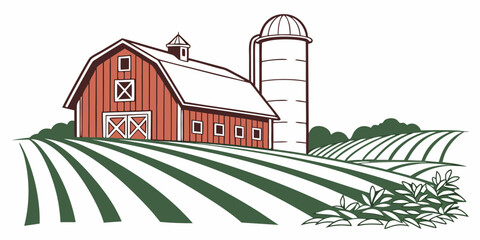 Classic red barn with tall storage silo and lush cultivated fields in rustic landscape agriculture landscape countryside illustration agricultural farmhouse building cultivated farmland © Mithila