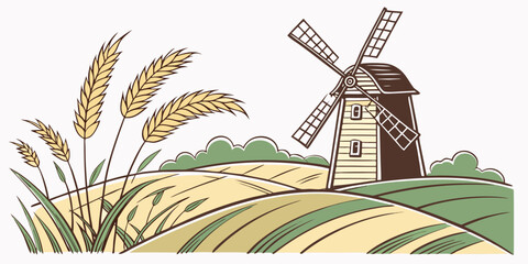 Graphic art depicting windmill on rolling hills with wheat crop windmill landscape agriculture illustration countryside farmland cultivation environment agricultural farmhouse cultivated © Mithila