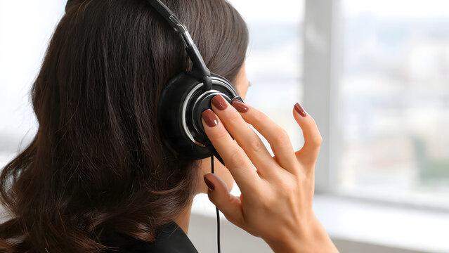 An elegant female customer support operator wearing a black headset gently touches the earpiece while assisting a client near a bright office window.
