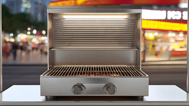 A sleek stainless steel smokeless indoor barbecue grill appliance stands illuminated on a counter against a blurred city night background for modern restaurants.
