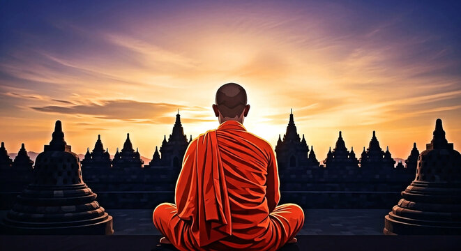 Buddhist Monk Orange Robe Back View Borobudur Stupas Wide View Sunburst Orange Purple Sky