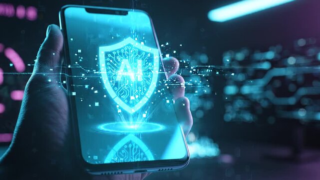 glowing ai shield on smartphone screen with circuit pattern and blue neon lights