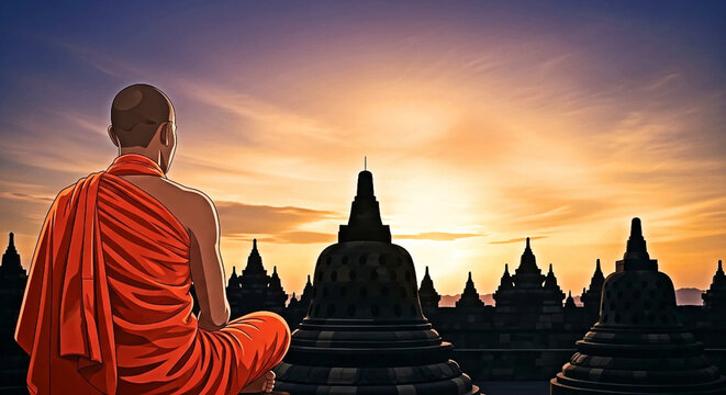 Buddhist Monk Orange Robe Side View Meditating Borobudur Stupa Silhouette Orange Purple Sunset