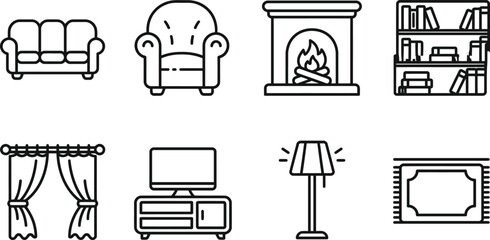 Vector line icons of living room furniture and decor © Masud