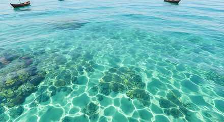 Fototapeta premium Blue water in the sea. A beautiful tropical coral reef thrives in the clear turquoise ocean water near a sunny summer beach, making it a perfect vacation destination for scuba diving and snorkeling.