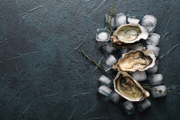 Delicious fresh oysters with thyme and ice cubes on dark background © Pixel-Shot