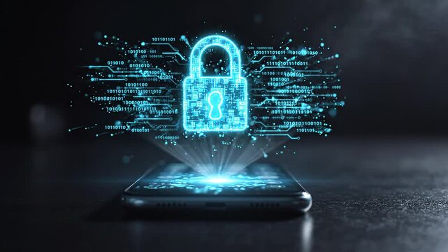 glowing blue digital padlock hovering above smartphone with binary code streams