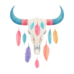Fototapeta premium Colorful Indian style bull skull with hanging feathers, vibrant and artistic design.