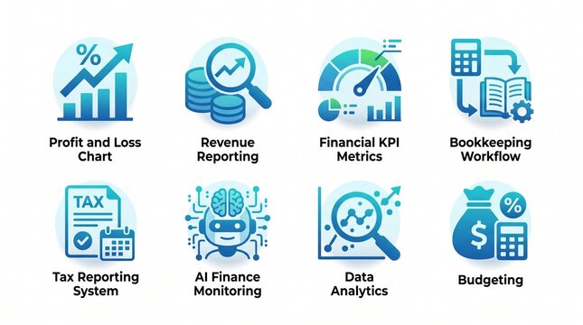 Modern financial accounting icon collection with profit, revenue, KPI, bookkeeping, tax, AI finance, data analytics and budgeting
