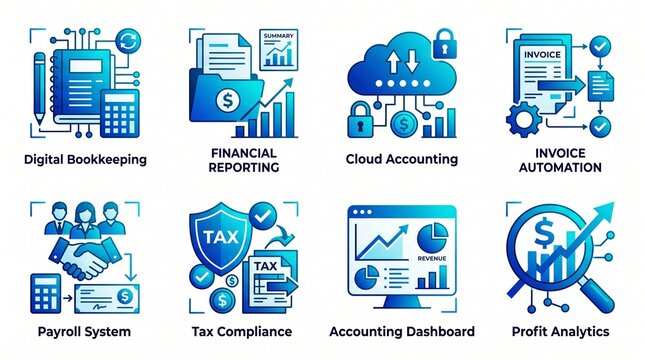Digital bookkeeping, financial reporting, cloud accounting, invoice automation, payroll, tax compliance, accounting dashboard, and profit analytics icons