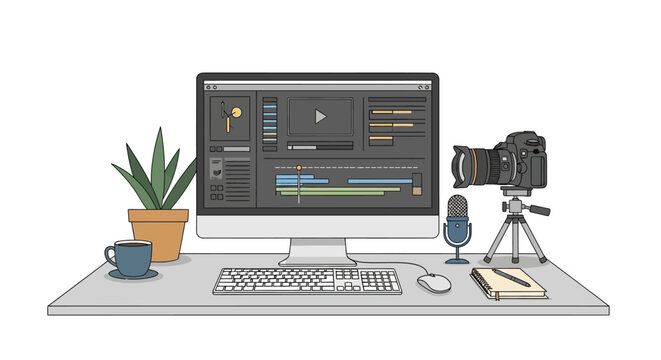 Video Editing Setup: Computer, Camera, Microphone, Plant, Coffee