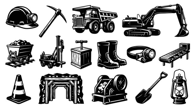 Mining Industry Equipment and Tools Set in Black  White Vintage Line Art Style Icons Collection
