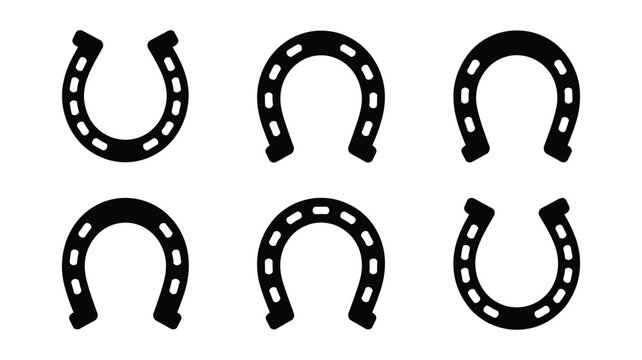 Minimal lucky horseshoe icon vector set, black flat good luck and fortune symbols for western, casino, and superstition themed design