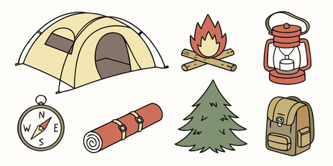 Camping gear and adventure essentials icon set for outdoor travel with adventure campfire sleeping backpack equipment exploration vacation wilderness trekking recreation expedition mountain © Arisfa