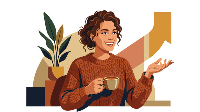 Vector illustration of a smiling woman with curly hair wearing a brown cable-knit sweater, holding a coffee cup, gesturing next to a potted plant and an upward growth arrow icon.