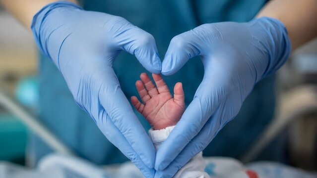 Healthcare worker forming heart with hands around newborn hand