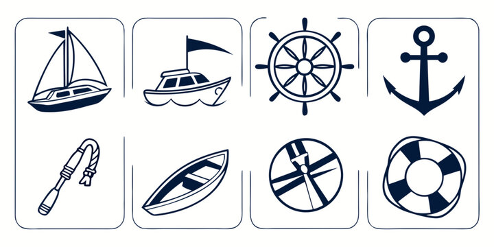 Set of nautical and marine vector icons including ships helm anchor and lifebuoy with nautical lifebuoy illustration elements navigation maritime vacation steering monochrome isolated