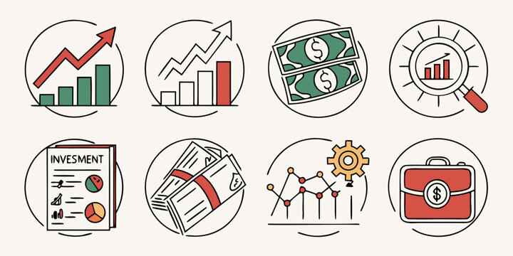 Set of finance and investment line icons for business growth analysis with investment business analysis marketing planning strategy briefcase accounting calculator currency document
