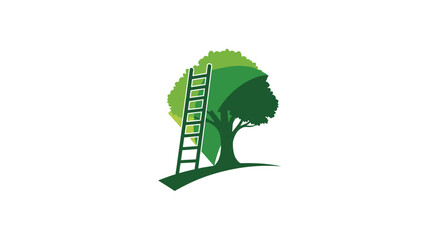 Whimsical illustration of ladder leaning on green tree. © TaniaArt