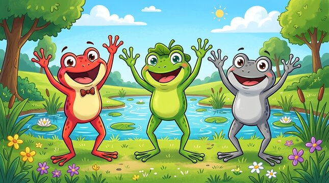 Three cheerful frogs waving happily in a vibrant garden pond landscape