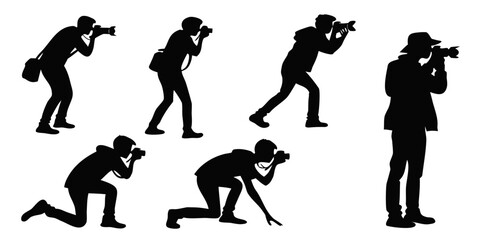 Black silhouette collection of photographers taking pictures in various positions with photographer silhouette photography professional shooting character activity lifestyle creative isolated © Arisfa