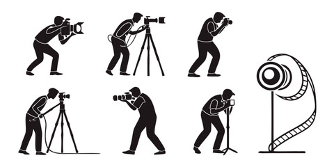 Set of silhouettes of professional photographers using cameras and equipment with photographer photography silhouette professional shooting activity equipment creative illustration collection © Arisfa