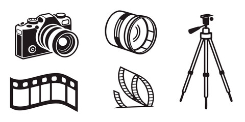 Photography gear silhouette icon collection with camera and tripod photography silhouette equipment photographer capturing shooting creative graphics filmstrip negative production snapshot © Arisfa