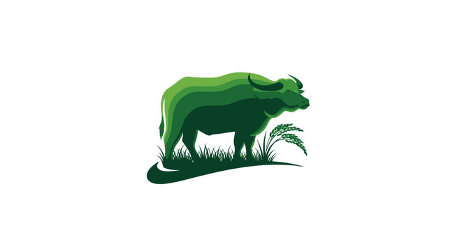 Illustrated green water buffalo standing in nature setting.