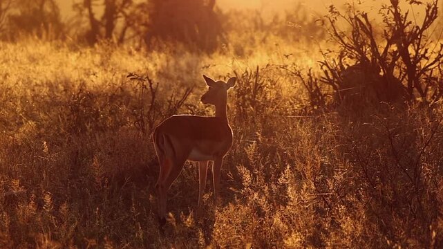 Female impala with frosty breath on cool golden hour morning on savanna