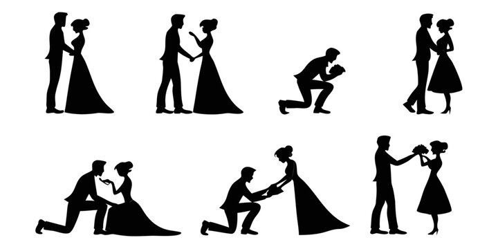 Wedding couple silhouette collection showing romantic interactions and marriage proposals with silhouette proposing marriage engagement together relationship ceremony partners bridegroom