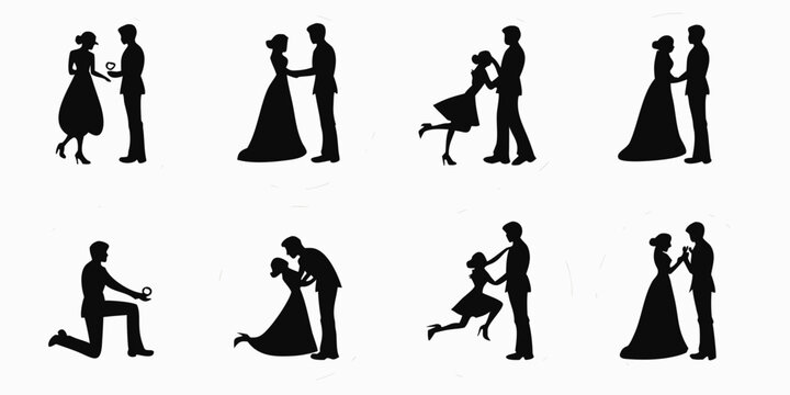 Set of romantic couple silhouettes in wedding poses for valentine day or marriage concepts with silhouette marriage proposing engagement together relationship partners ceremony bridegroom
