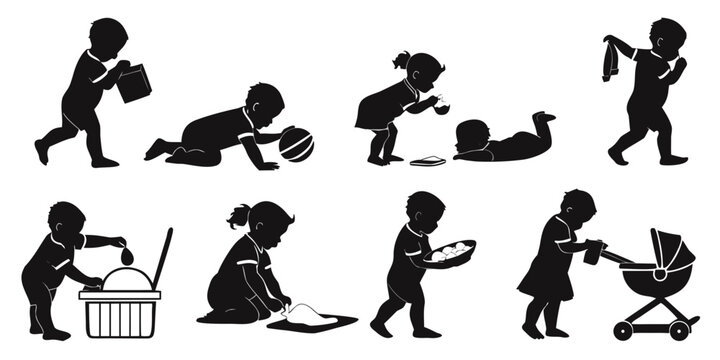 Set of baby and toddler silhouettes engaged in various daily childhood activities with silhouette children activity playtime crawling toddling stroller development illustration isolated
