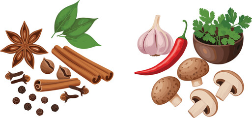 Plakat Collection of aromatic spices and fresh ingredients vector illustrations featuring cinnamon, garlic, chili peppers, mushrooms and culinary herbs