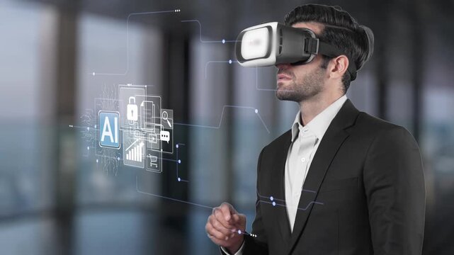 Professional Man in Virtual Reality Headset Engaging with AI Technology and Digital Interface for Business and Innovation in Modern Office Setting Gluon.